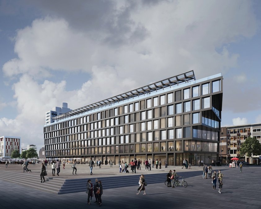 a large building with people walking around