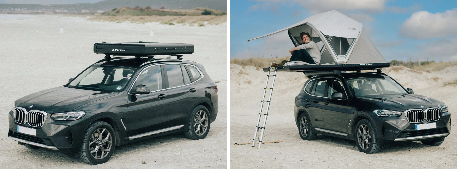 a person standing next to a car with a surfboard on top