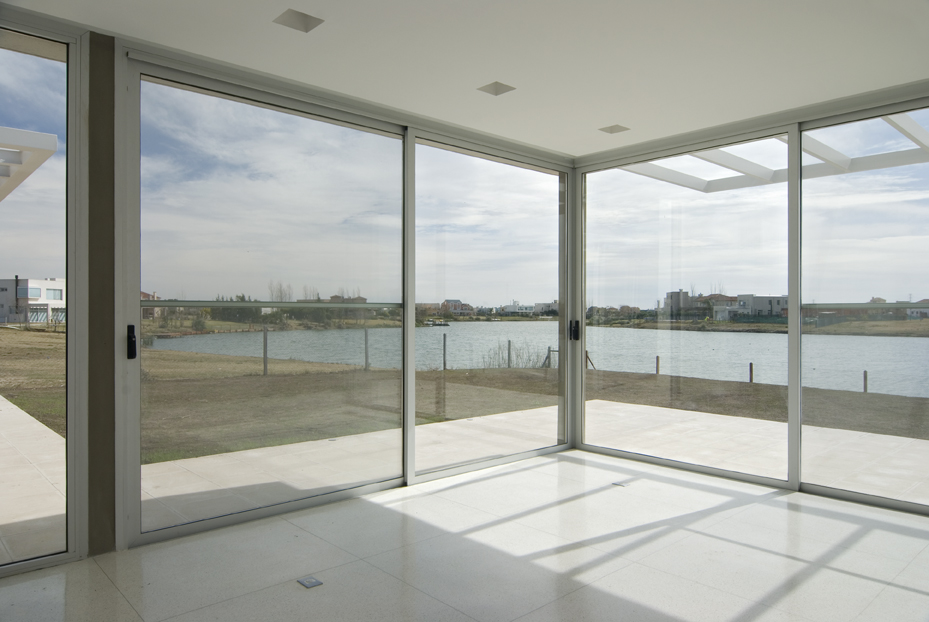 a room with large windows