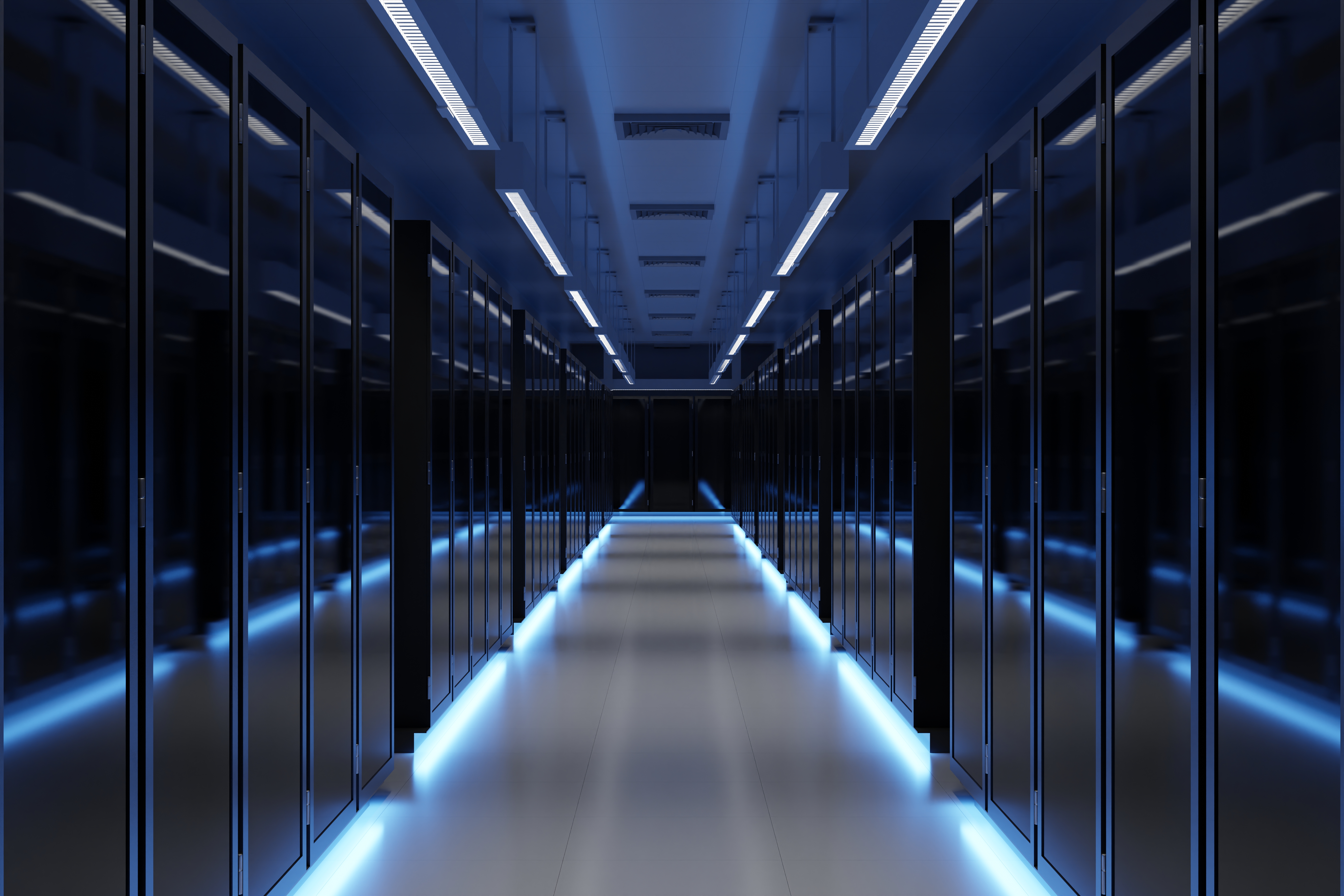 A hallway with rows of data centers