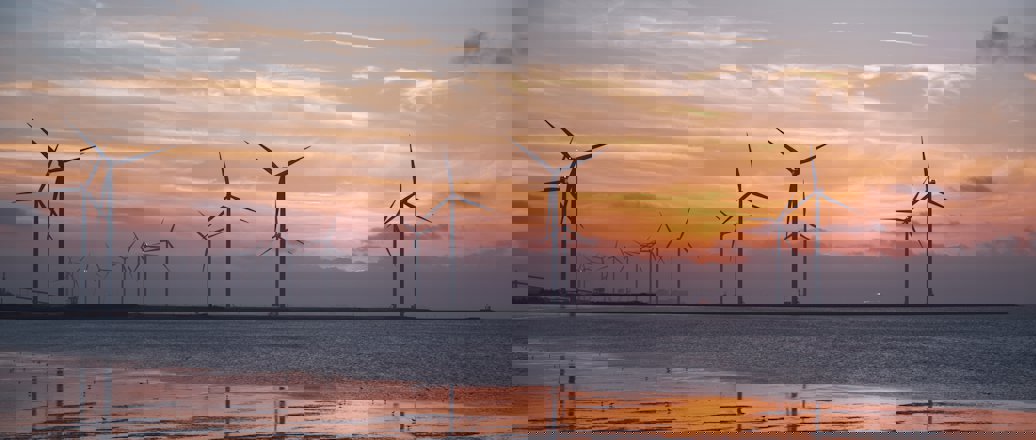 a group of wind turbines in a body of water