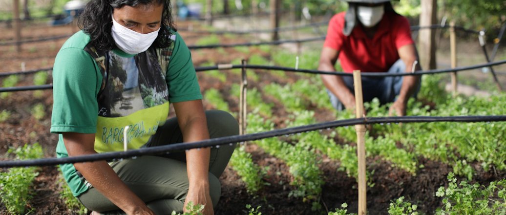 a couple of people in a garden
