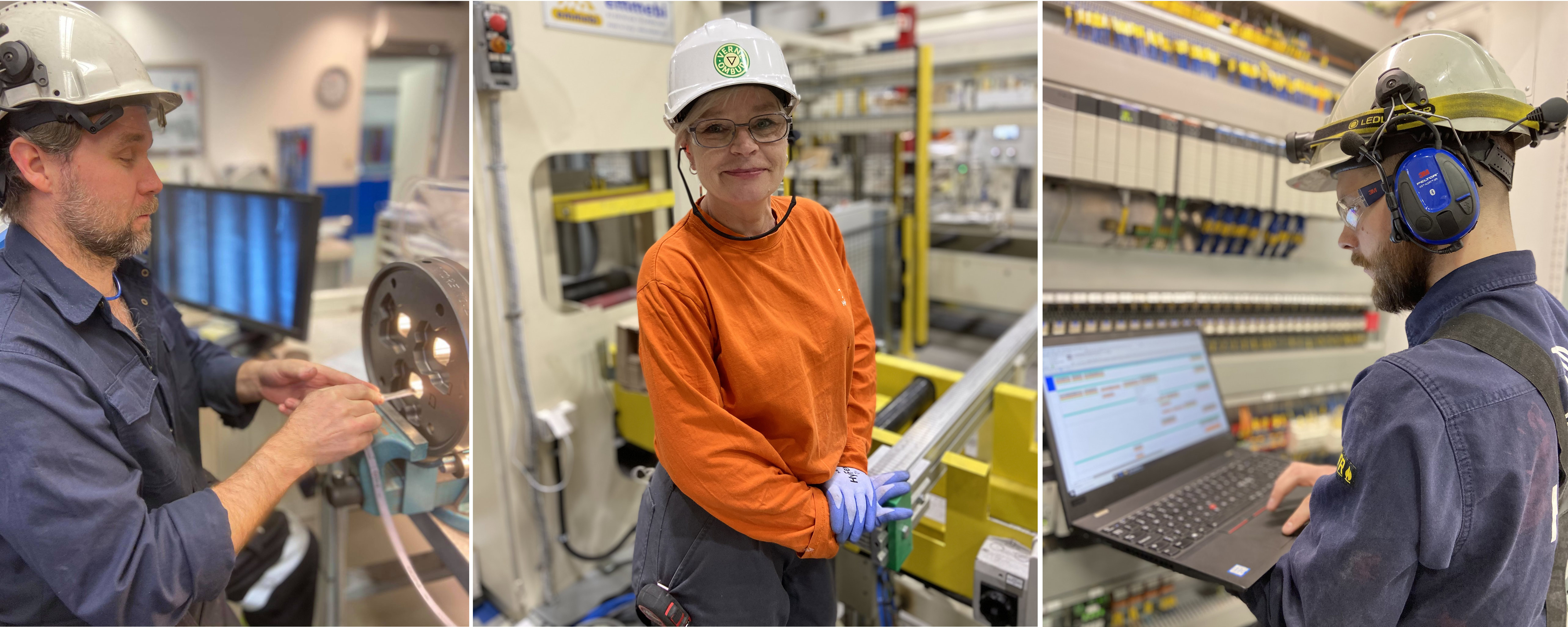 Fra venstre: Verktøytekniker Ola Johansson, operatør Tove Bjørndalen og elektriker Trond Halteigen løser viktige oppgaver for Hydros pressverk på Magnor. 