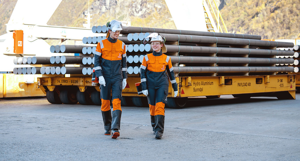 Employees at Hydro's aluminium smelter in Sunndal, Norway