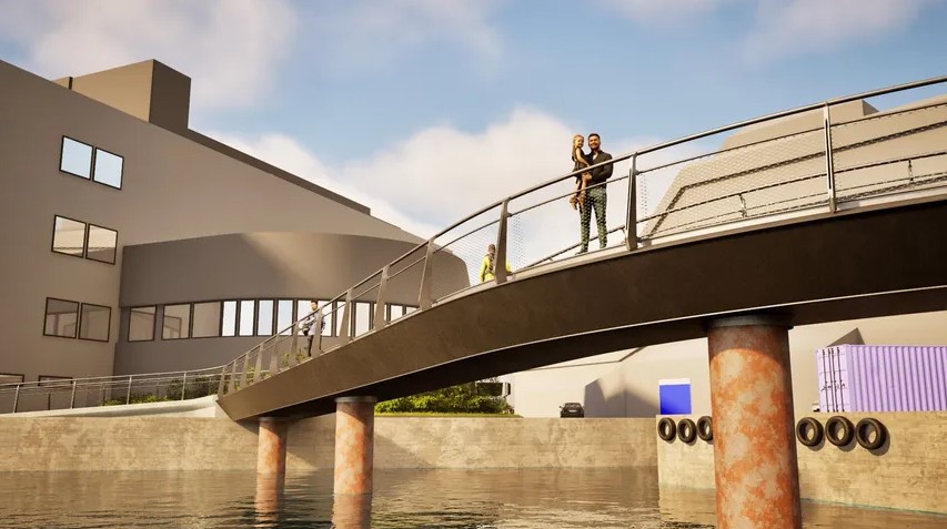 The bridge is constructed in two 30-metre sections and has been lifted into place on top of the piles. (Illustration: Leirvik)