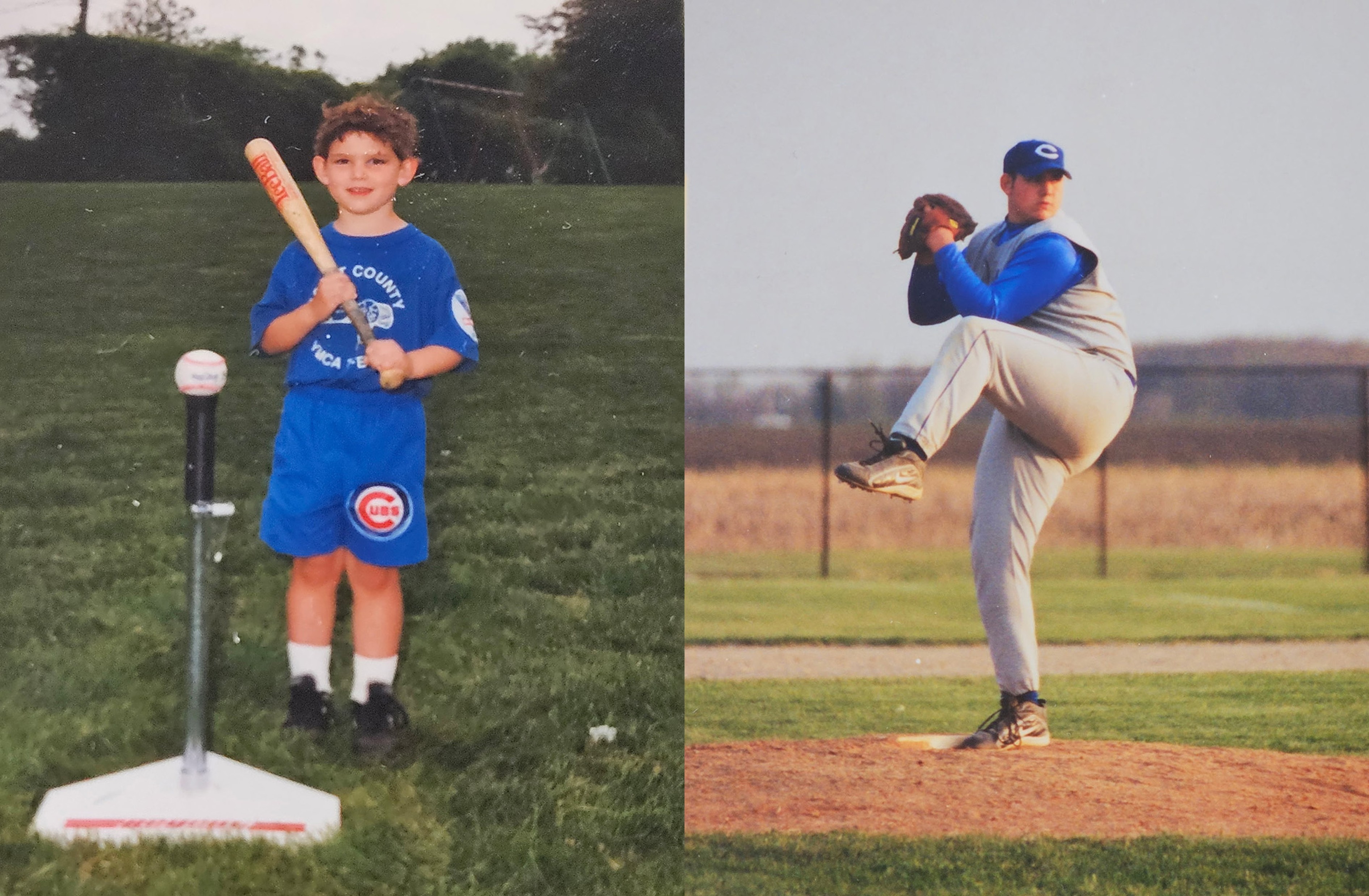 a boy holding a baseball bat and a baseball player