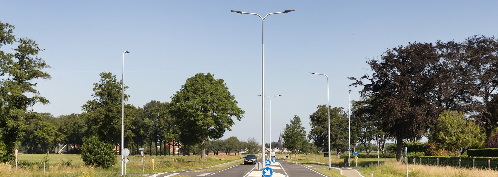a road with trees and street lights