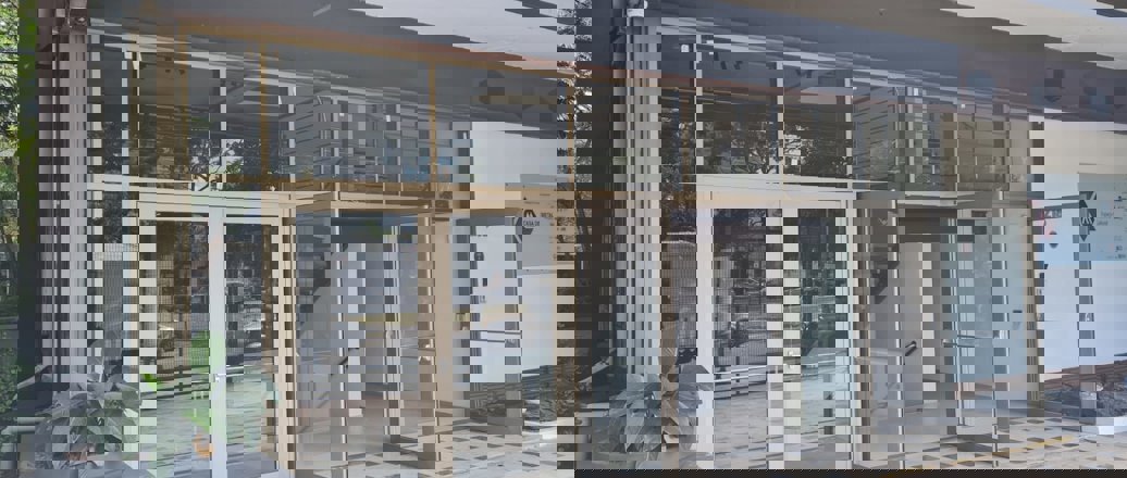 a building with glass doors