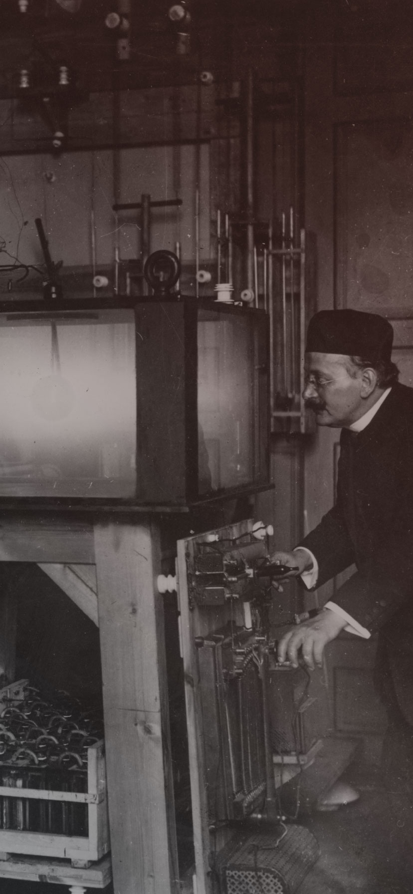 Kristian Birkeland with the first prototype for the arc furnace that binds nitrogen from the air